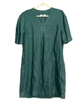 NWT Haris Cotton Linen Short Sleeve V-Neck Green Tunic Dress MEDIUM in Emerald